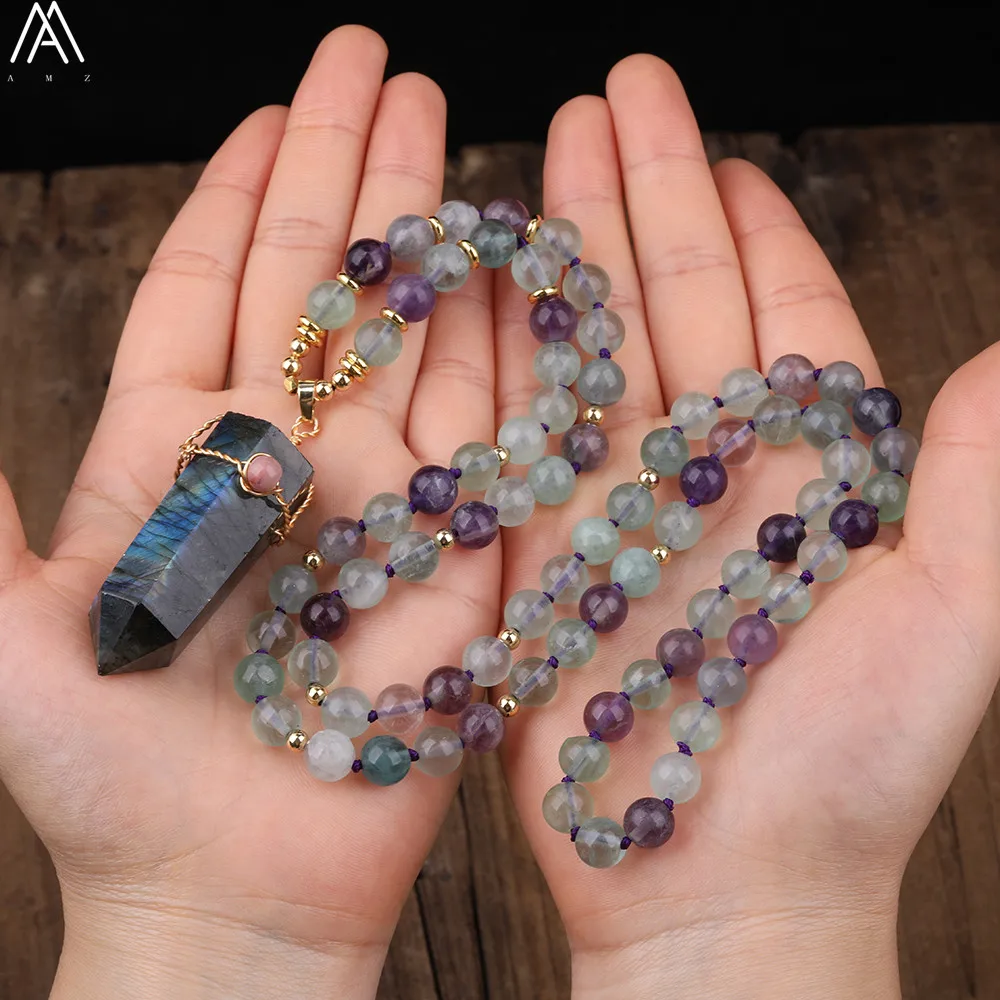 

Natural Labradorite Stone Point Pendant 8mm Rainbow Fluorite Round Beads Handmade Knot Mala Necklace 108 Prayer Beads Jewelry