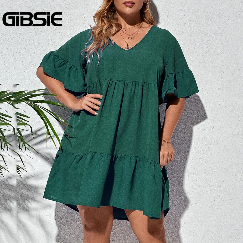 

GIBSIE Solid Ruffle Hem Smock Dress Plus Size V Neck Short Sleeve Mini Dresses xxxl Women's Loose Casual Summer Dress 2021
