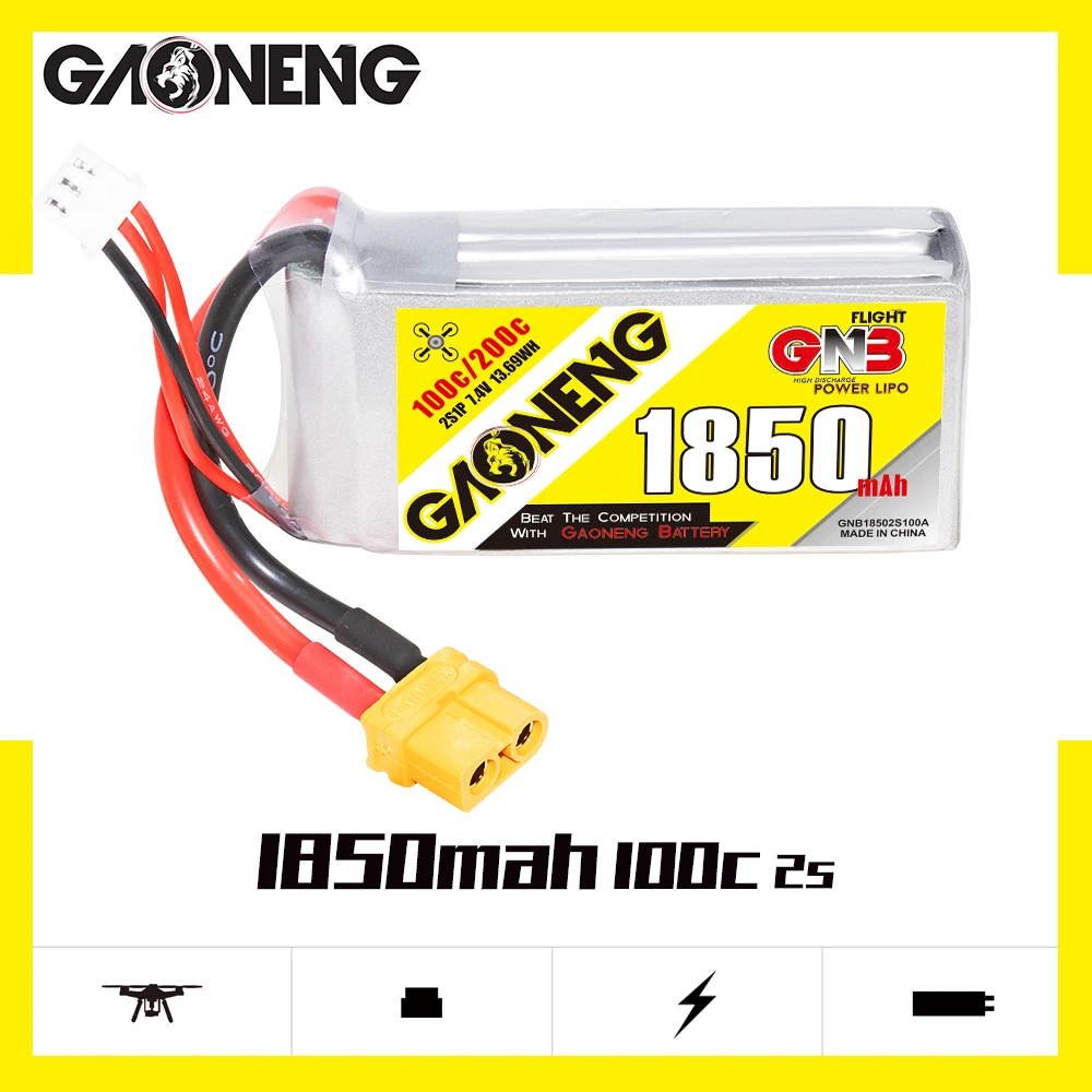 GAONENG GNB 2S1P 1850mAh 7.4V 100C/200C Light Weight Small Volume High Capacity Lipo Battery XT60 Plug For RC FPV Racing Drone
GAONENG GNB 2S1P 1850mAh 7.4V 100C/200C Light Weight Small Volume High Capacity Lipo Battery XT60 Plug For RC FPV Racing Drone