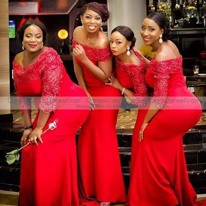 Red Mermaid Bridesmaid Dresses 2021 with Three Quarter Sleeves Appliques Off Shoulder Satin Long Formal Dress for Wedding Party
Red Mermaid Bridesmaid Dresses 2021 with Three Quarter Sleeves Appliques Off Shoulder Satin Long Formal Dress for Wedding Party