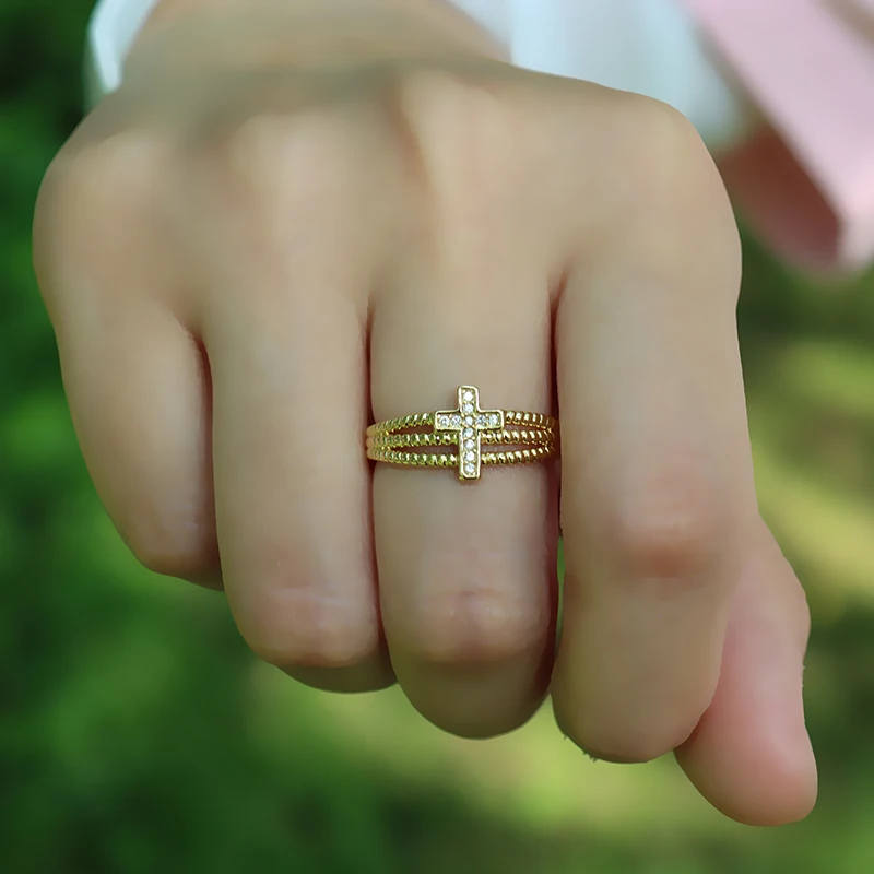 Фото Религиозные польский крест кольцо для девочек стекируемые вера поперечный CZ