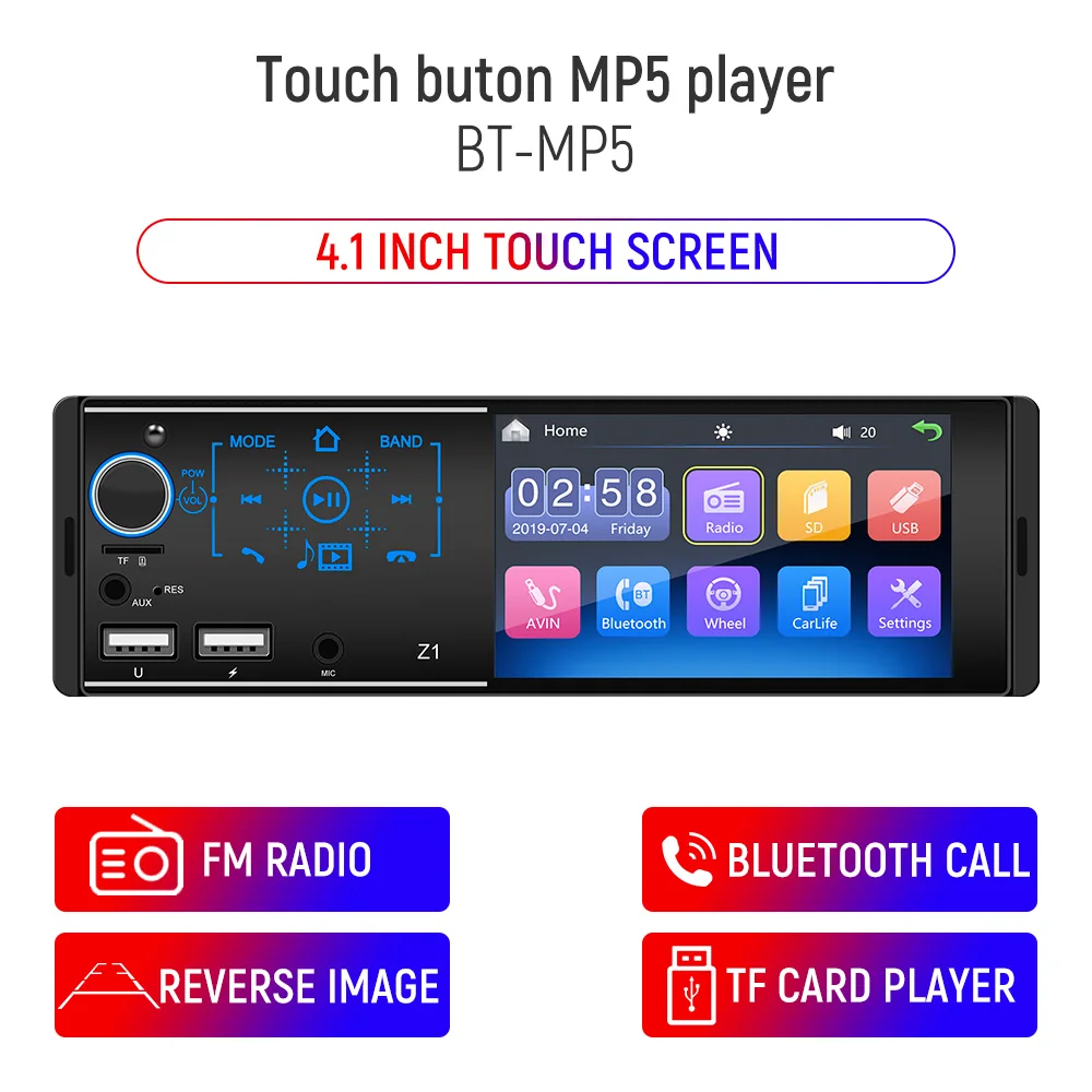 Z1 Touch Screen Car MP5 Player 1 Din Android Radio Audio Stereo Bluetooth TF USB Fast Charging AUX Multimedia Stereo System 4In
Z1 Touch Screen Car MP5 Player 1 Din Android Radio Audio Stereo Bluetooth TF USB Fast Charging AUX Multimedia Stereo System 4In