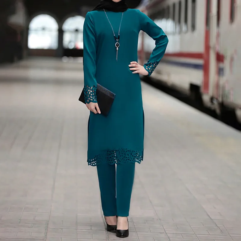 Турецкое мусульманское платье женские длинные топы полые однотонные исламские