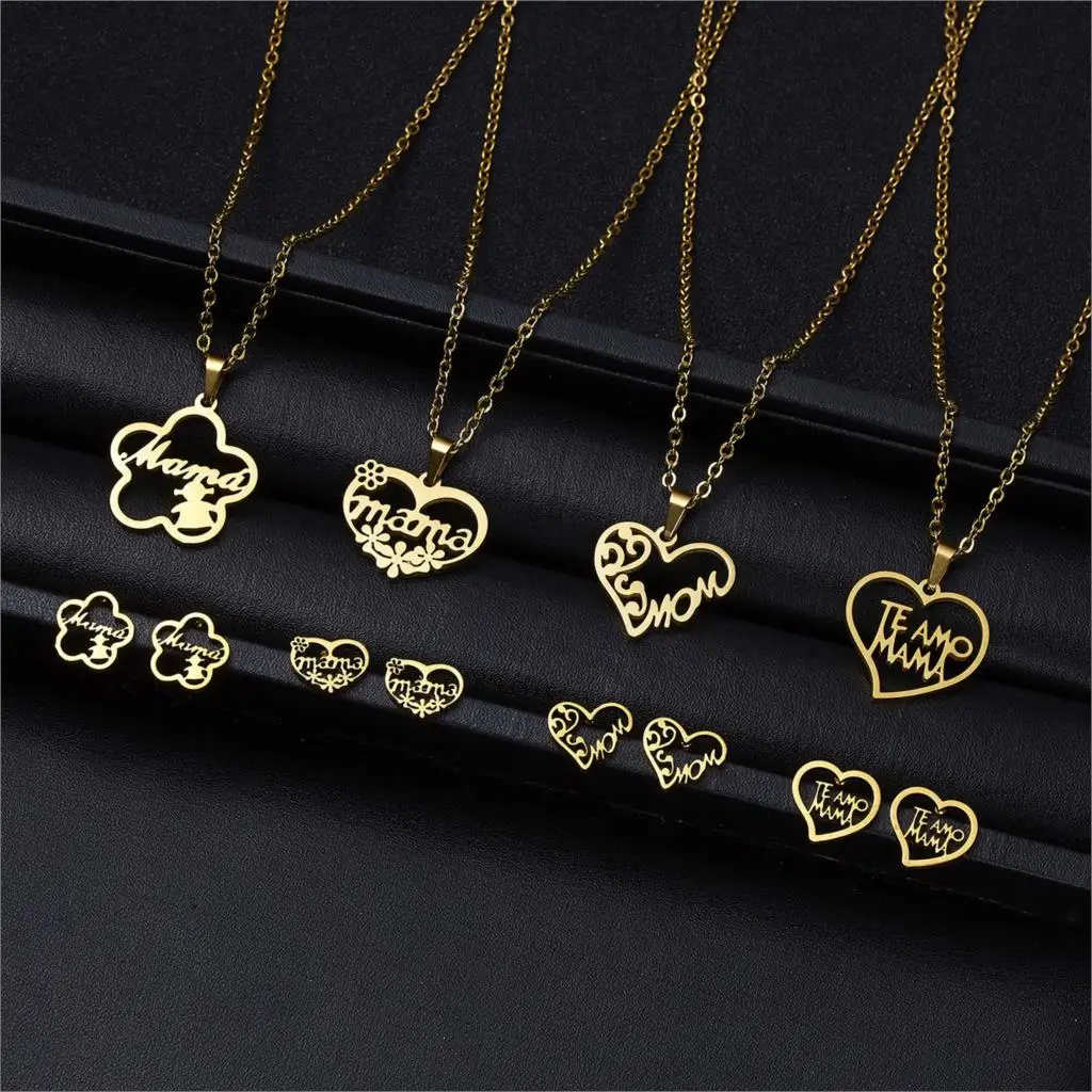 New Peach Heart Hollow English MAMA Stainless Steel Mother's Day Jewelry Necklace Stud Earring Gold Color Set 1 Set ( 2 PCs/Set) 
New Peach Heart Hollow English MAMA Stainless Steel Mother's Day Jewelry Necklace Stud Earring Gold Color Set 1 Set ( 2 PCs/Set)