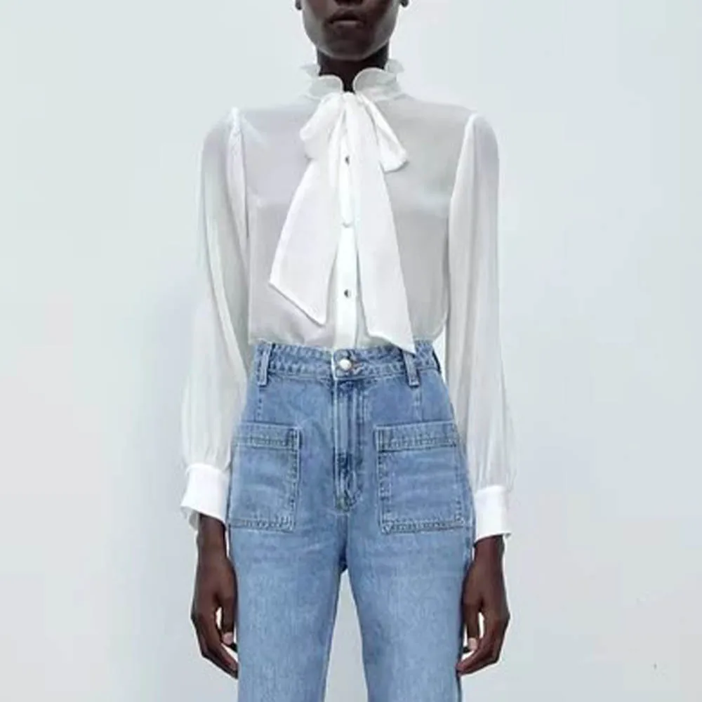 Za Women's 2021 Fall New Small Pleated Sleeve Shirt Fashion Pure Color Casual Lace-up Collar Temperament Female Chic Top 
Za Women's 2021 Fall New Small Pleated Sleeve Shirt Fashion Pure Color Casual Lace-up Collar Temperament Female Chic Top