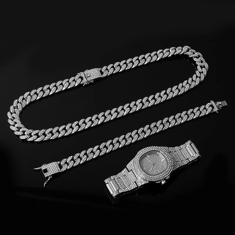 Серебряное ожерелье + часы браслет хип хоп МАЙАМИ панцирная кубинская цепь с