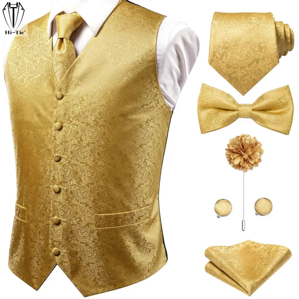 

Hi-Tie Silk Mens Vests Jacquard Gold Paisley Waistcoat Tie Bowtie Brooch Hanky Cufflinks Set for Men Suit Weddding Business Gift