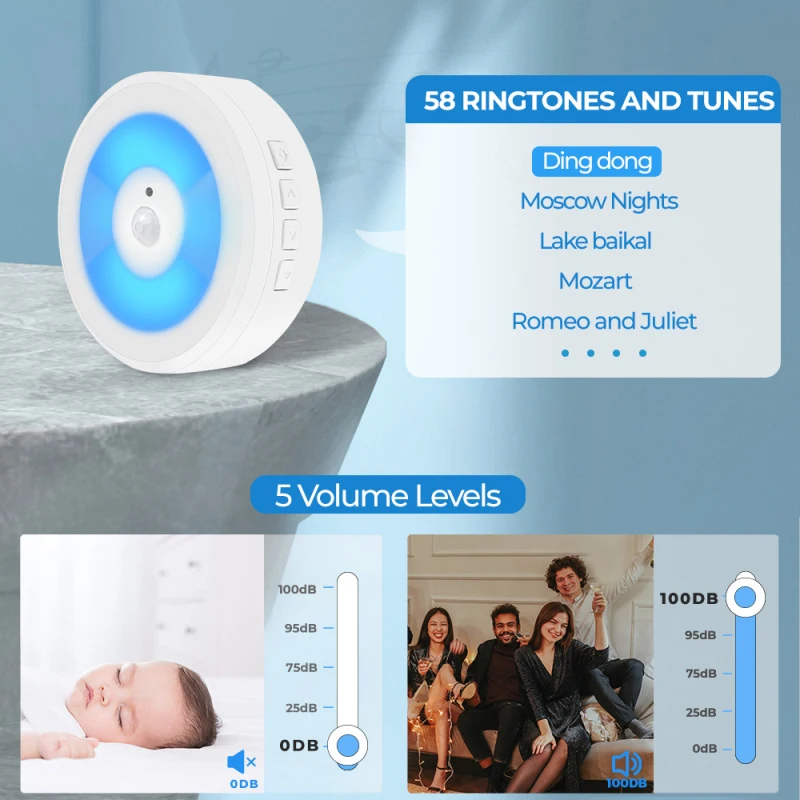 Wireless Doorbell with LED Motion Sensor Light IP55 Waterproof Smart Doorbell Ring Chime Call 433MHZ Night Light Home Plug-Free