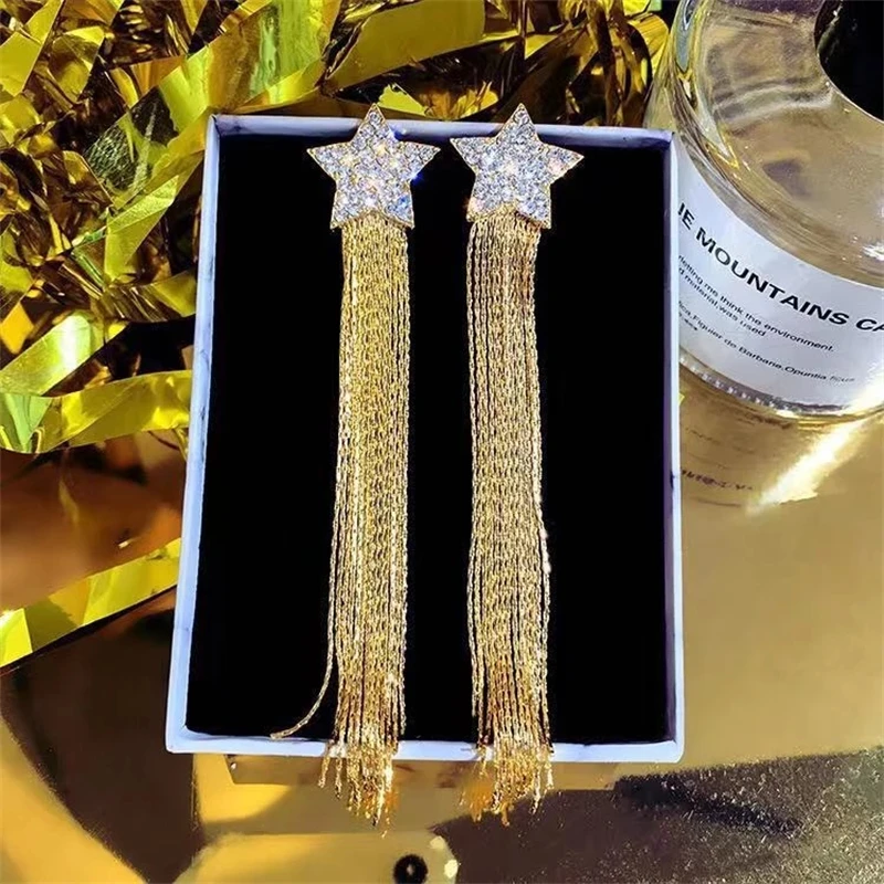 Fashion Alloy Long Tassel Crystal Earrings for Women Luxury Shiny Sliver Gold Color Star Dangle Earrings Jewelry Party Gifts
Fashion Alloy Long Tassel Crystal Earrings for Women Luxury Shiny Sliver Gold Color Star Dangle Earrings Jewelry Party Gifts