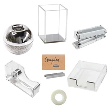 Acrylic Silver Desk Organizer Pen Holder Stapler Tape Dispenser Notepad Holder For Office Supplies And Desk Accessories