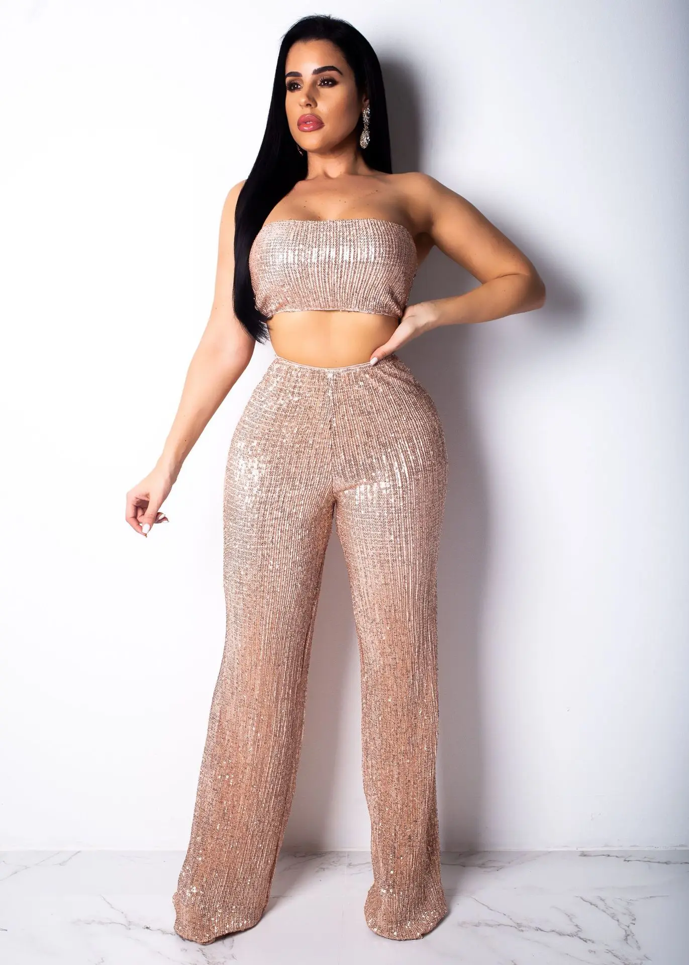Women's Shiny Sequin Sexy Off-Shoulder Stretch Crop Tank Top, Wide Leg Pants Suit
Women's Shiny Sequin Sexy Off-Shoulder Stretch Crop Tank Top, Wide Leg Pants Suit