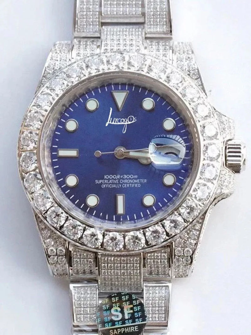 Fashion Limited sale men's automatic mechanical sapphire glass ETA2813 full ice diamond luminous silver blue watch 40mm
Fashion Limited sale men's automatic mechanical sapphire glass ETA2813 full ice diamond luminous silver blue watch 40mm