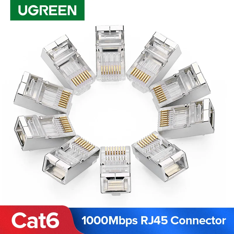 

Разъемы Ugreen Cat6 RJ45 8P8C, модульные штекеры для кабеля Ethernet, позолоченные разъемы для сети RJ 45, обжимные соединители 10/50/100 шт.