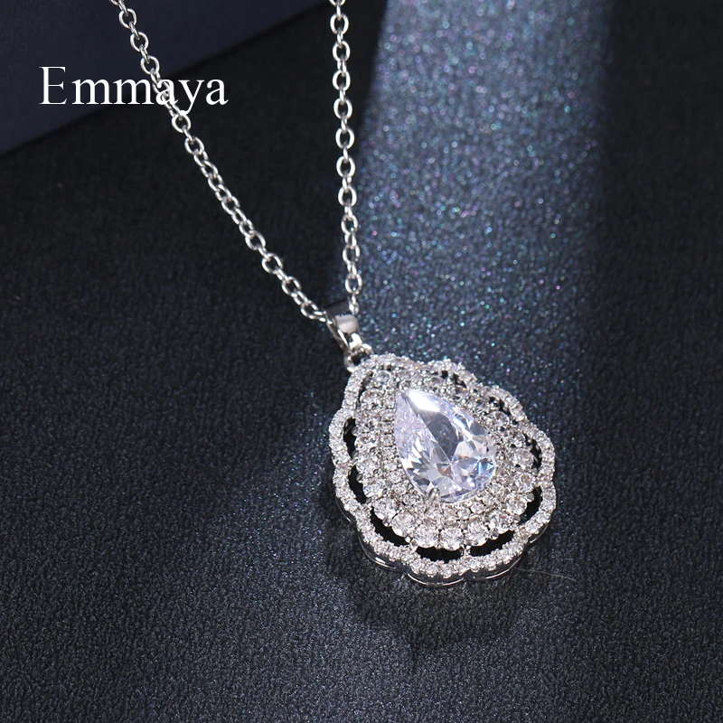 Emmaya Charming Flower WIth Waterdrop Shape Design Silver Plated Gorgeous Cubic Zircon Necklace For Female Dinner Decoration | Украшения и