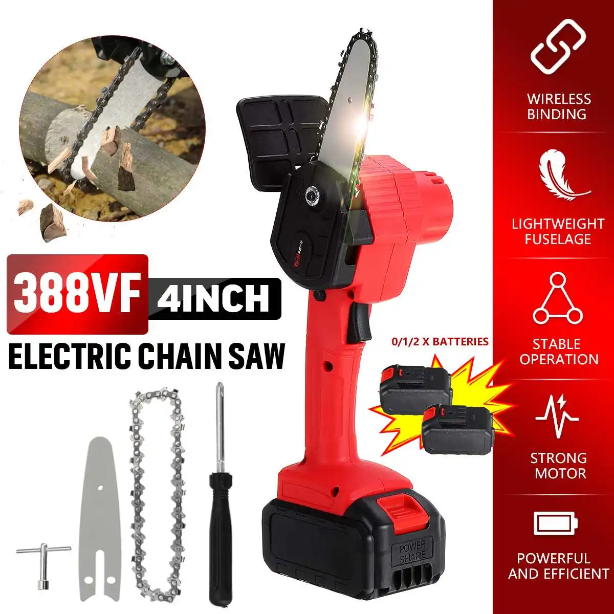 388VF 4 Inch Electric Chain Saw with Battery Woodworking Pruning One-handed Garden Tool Rechargeable EU/US Plug Chainsaw
388VF 4 Inch Electric Chain Saw with Battery Woodworking Pruning One-handed Garden Tool Rechargeable EU/US Plug Chainsaw