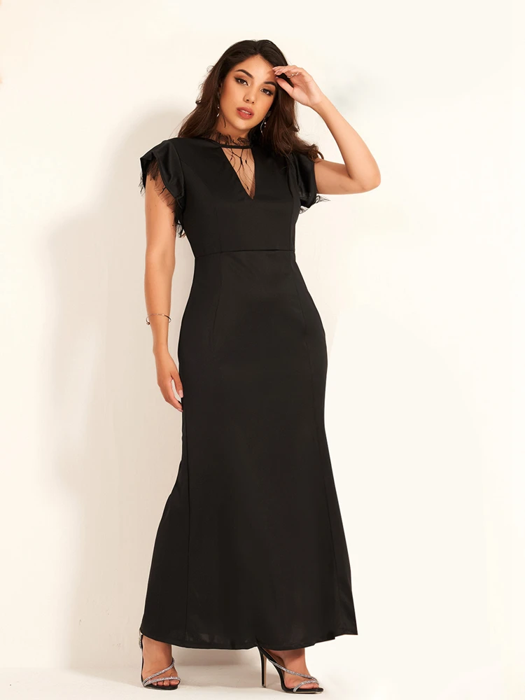 MAI&FUN Womens Party Dress Sexy Black Lace Patchwork Deep V Neck Short Sleeve Slim Solid Color Banquet Long Dresses
MAI&FUN Womens Party Dress Sexy Black Lace Patchwork Deep V Neck Short Sleeve Slim Solid Color Banquet Long Dresses