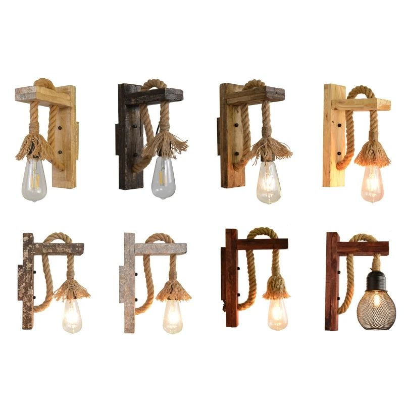 

E27 American Style Pastoral Hemp Rope Wall Lamp Vintage Wooden Wall Light for Restaurant Coffee Shop Decor(Without Bulb)