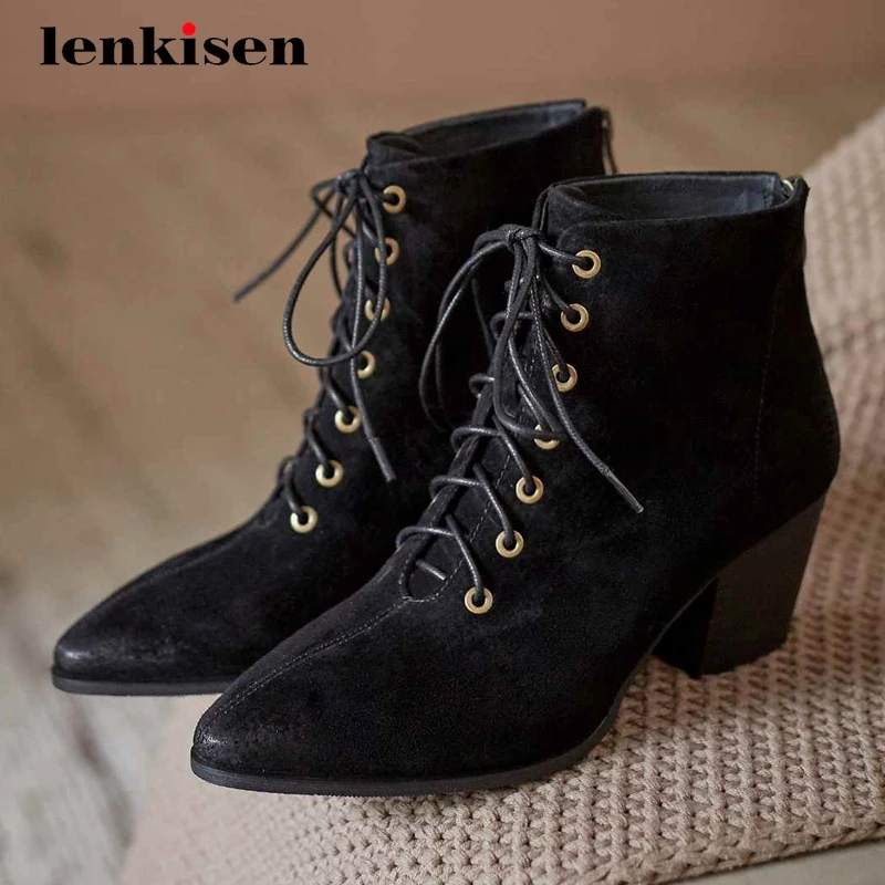 Ботинки женские Lenkisen из натуральной кожи, на толстом высоком каблуке, с перекрестной шнуровкой, с острым носком, на молнии, L1f2
Ботинки женские Lenkisen из натуральной кожи, на толстом высоком каблуке, с перекрестной шнуровкой, с острым носком, на молнии, L1f2