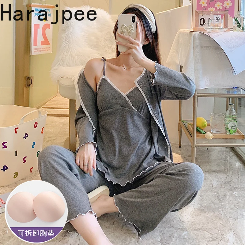 Harajpee Pajamas Women's Spring and Autumn Three Piece Dark Gray Suspender Cotton 2021 New Long Sleeve Home Suit with Breast Pad
Harajpee Pajamas Women's Spring and Autumn Three Piece Dark Gray Suspender Cotton 2021 New Long Sleeve Home Suit with Breast Pad