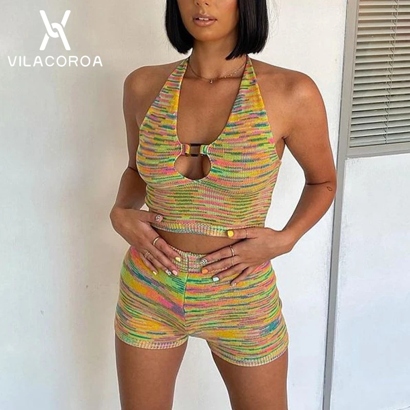 Two-Piece Rainbow Sexy Knitted Shorts Hollow Backless Tank Top Shorts Suit Y2k Club Fashion Outfits Set Women'S Shorts And Top
Two-Piece Rainbow Sexy Knitted Shorts Hollow Backless Tank Top Shorts Suit Y2k Club Fashion Outfits Set Women'S Shorts And Top