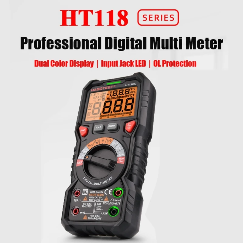 HT118A Digital Multimeter AC/DC Handheld Multimeter Tester NCV Multimeter Voltage Amp Ohm Capacitance Hz Temp Tester
HT118A Digital Multimeter AC/DC Handheld Multimeter Tester NCV Multimeter Voltage Amp Ohm Capacitance Hz Temp Tester