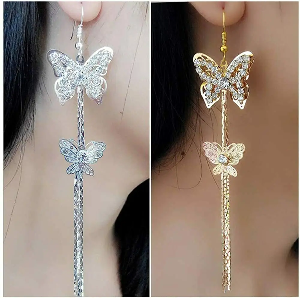 Double butterfly crystal long dangling earlobe earrings, exquisite workmanship butterfly shape women wear fashion jewelry
Double butterfly crystal long dangling earlobe earrings, exquisite workmanship butterfly shape women wear fashion jewelry