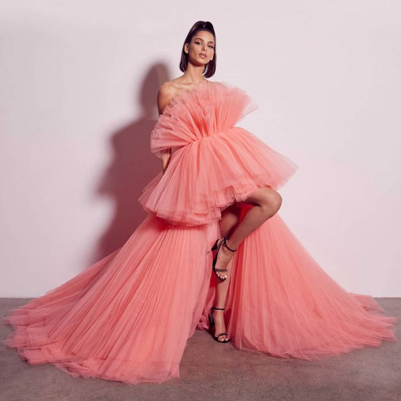 Modern Unique High Low Coral Prom Party Dresses Tulle Strapless Back Out Tiered Skirt Wedding Guest Gowns Short Front Long Back
Modern Unique High Low Coral Prom Party Dresses Tulle Strapless Back Out Tiered Skirt Wedding Guest Gowns Short Front Long Back