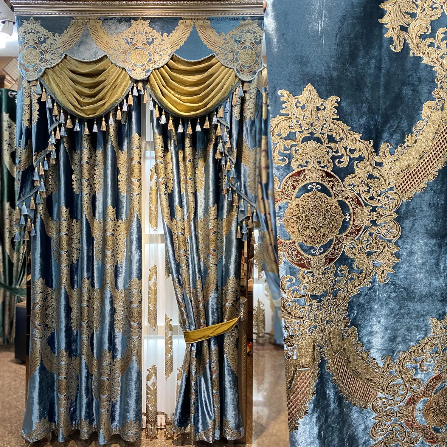 Европейские Синие королевские роскошные шторы для спальни кофейные Оконные