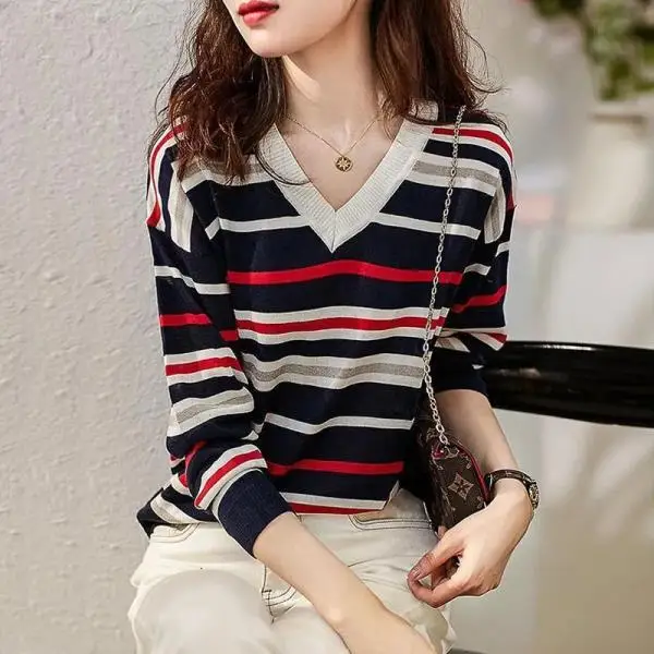 Knitted Shirt Women's V-Neck Striped 2021 New Long Sleeve Loose Sweater in Spring and Autumn 
Knitted Shirt Women's V-Neck Striped 2021 New Long Sleeve Loose Sweater in Spring and Autumn