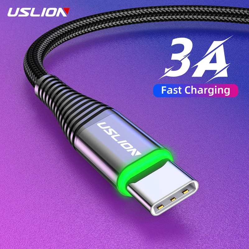 USB кабель USLION Type-C 0.5 м 1 2 светодиодный черный синий фиолетовый красный для быстрой