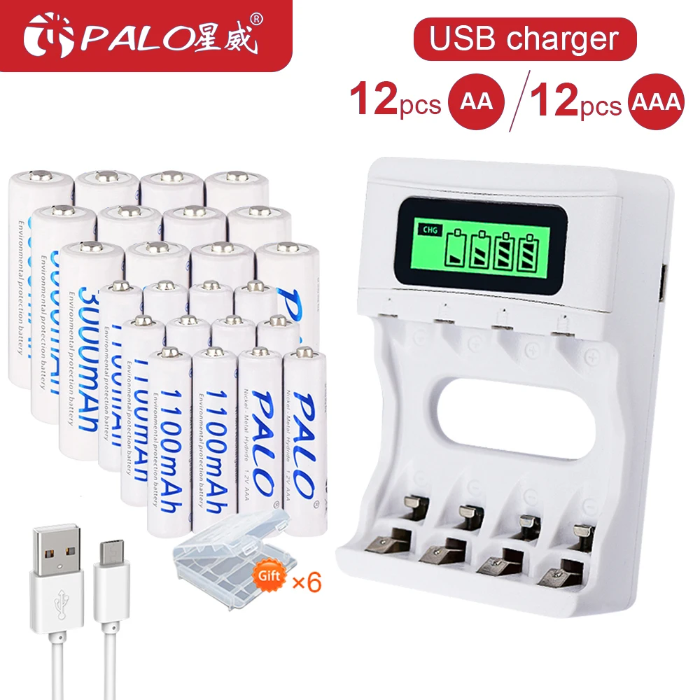 PALO 12pcs rechargeable AA Battery+12pcs 1.2V AAA rechargeable Battery+USB Smart charger AA AAA battery charger for aa aaa
PALO 12pcs rechargeable AA Battery+12pcs 1.2V AAA rechargeable Battery+USB Smart charger AA AAA battery charger for aa aaa