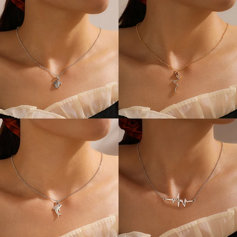 

HuaTang Boho Crystal Snake Turtle Pendant Necklace for Women Silver Color Dolphin Charming Clavicle Chain Jewelry on the Neck