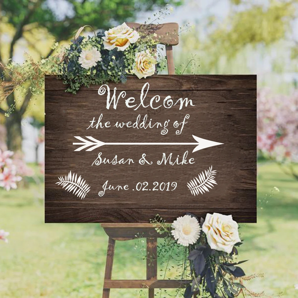 

Wedding Welcome Sign Rural Rustic Style Wall Sticker Simple Wedding Decor Personalized Name Custom Date Decor Decals LW700