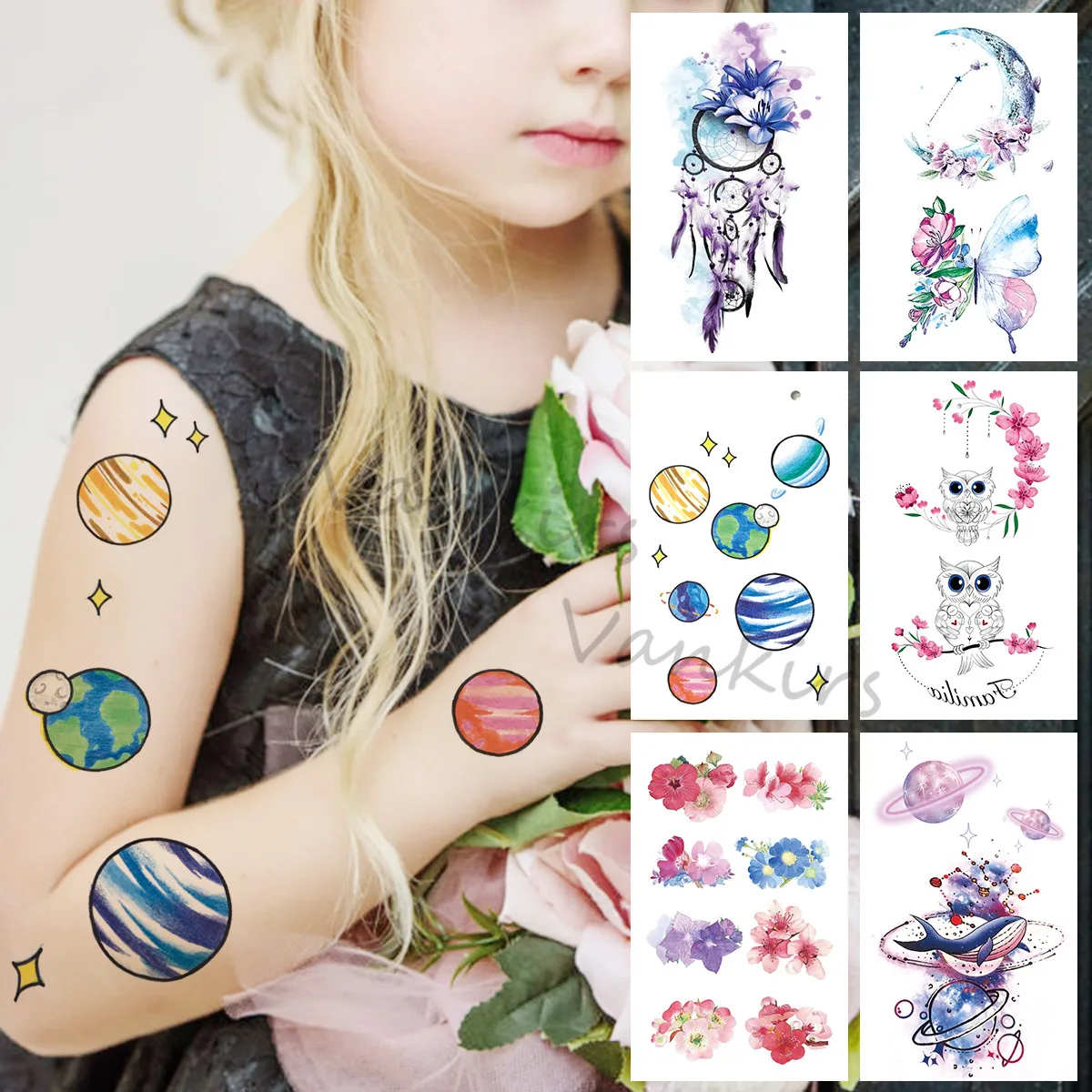 

Cartoon Outer Space Temporary Tattoos For Kids Girls Watercolor Dream Catcher Cat Whale Fake Tattoo Sticker Arm Neck Tatoos DIY