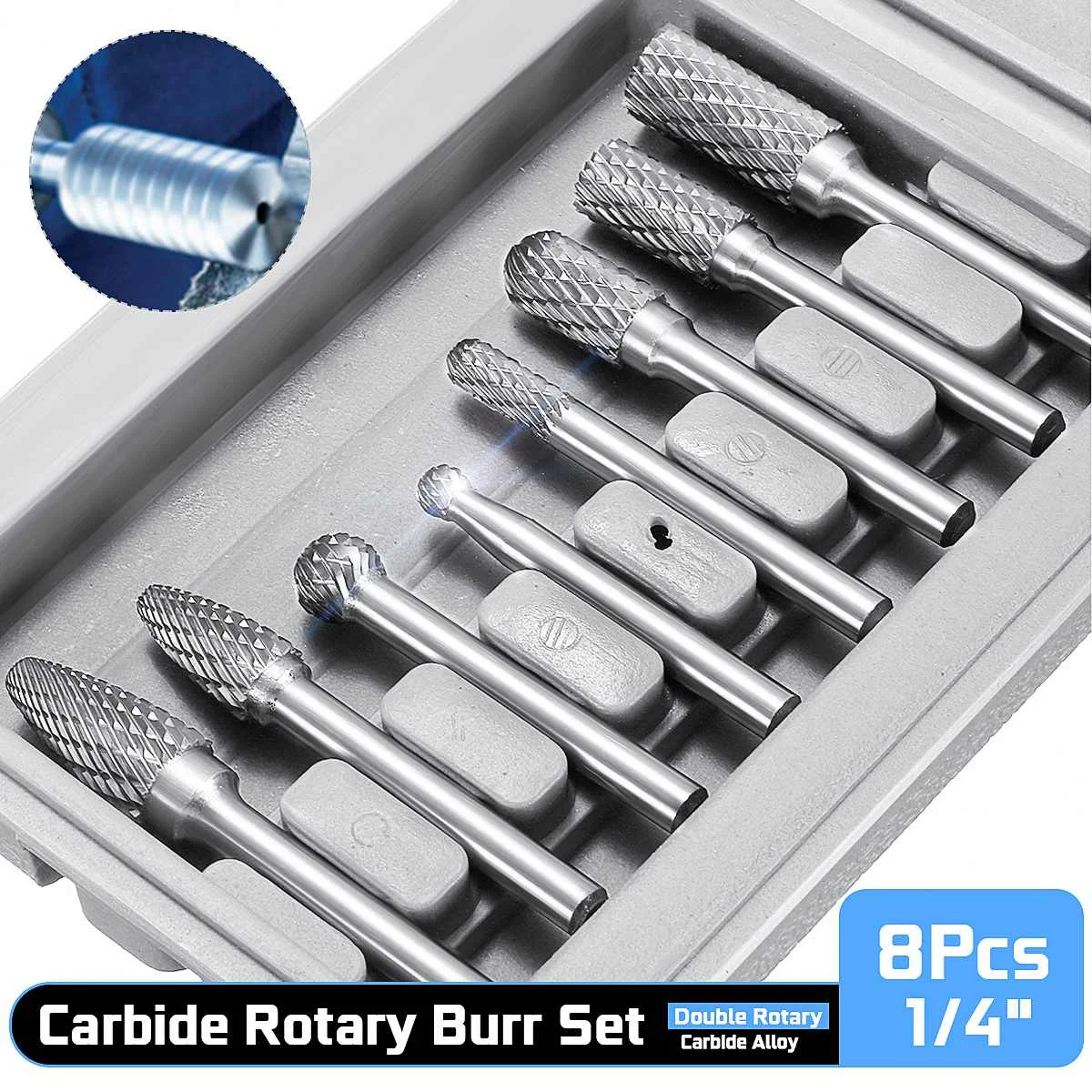 8Pcs 1/4" Shank 6mm-12mm Double Cut Carbide Rotary Burr Milling Cutters Set For The Mill CNC Engraving With Box
8Pcs 1/4" Shank 6mm-12mm Double Cut Carbide Rotary Burr Milling Cutters Set For The Mill CNC Engraving With Box