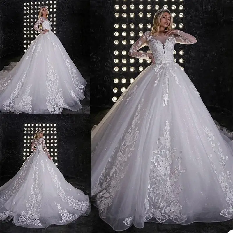 Romantic Sexy A-Line Wedding Dress Sheer Bateau Neck Lace Appliques Long Illusion Sleeves Tulle Robe Mariage Vestido De Noiva
Romantic Sexy A-Line Wedding Dress Sheer Bateau Neck Lace Appliques Long Illusion Sleeves Tulle Robe Mariage Vestido De Noiva