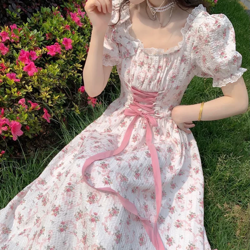 Женское платье миди на шнуровке Элегантное летнее с цветочным рисунком пышными