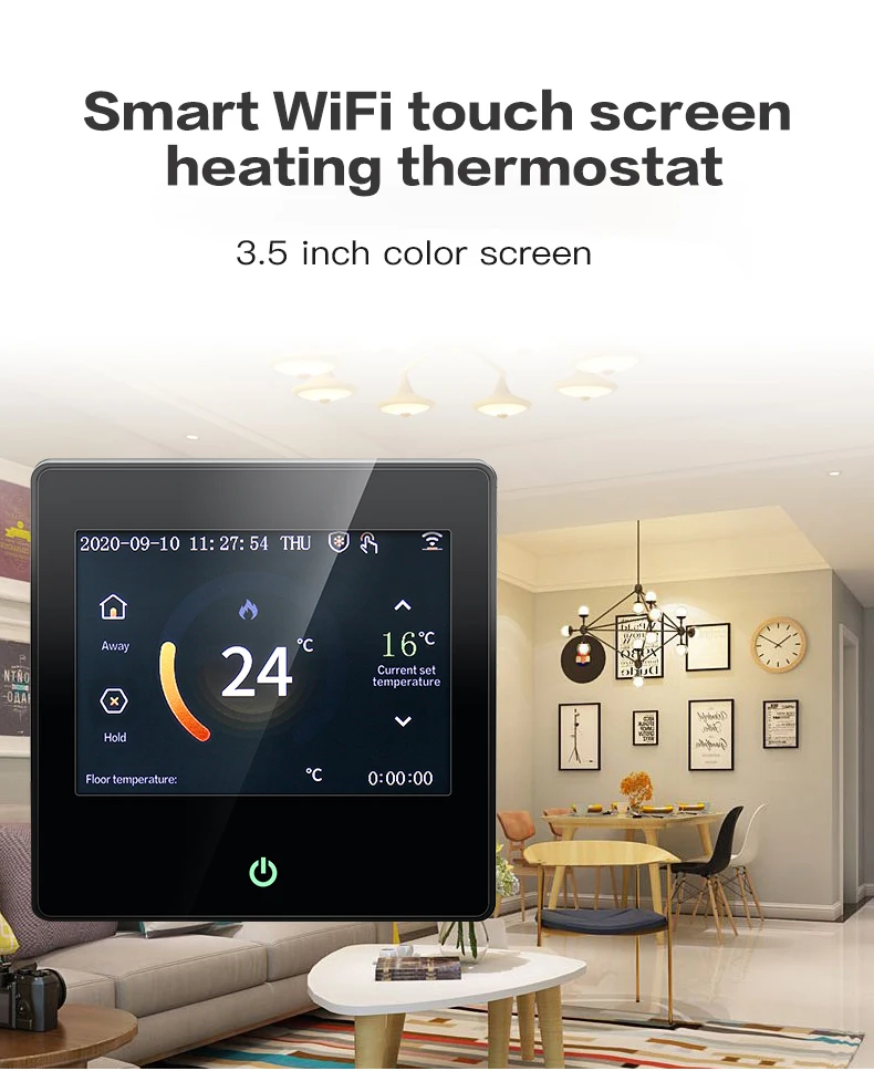 Myuet ME10216 Wifi Smart Heating Thermostat 3.5 inch Color Touch Screen Voice Control Thermostat For Google Home/Alexa
Myuet ME10216 Wifi Smart Heating Thermostat 3.5 inch Color Touch Screen Voice Control Thermostat For Google Home/Alexa