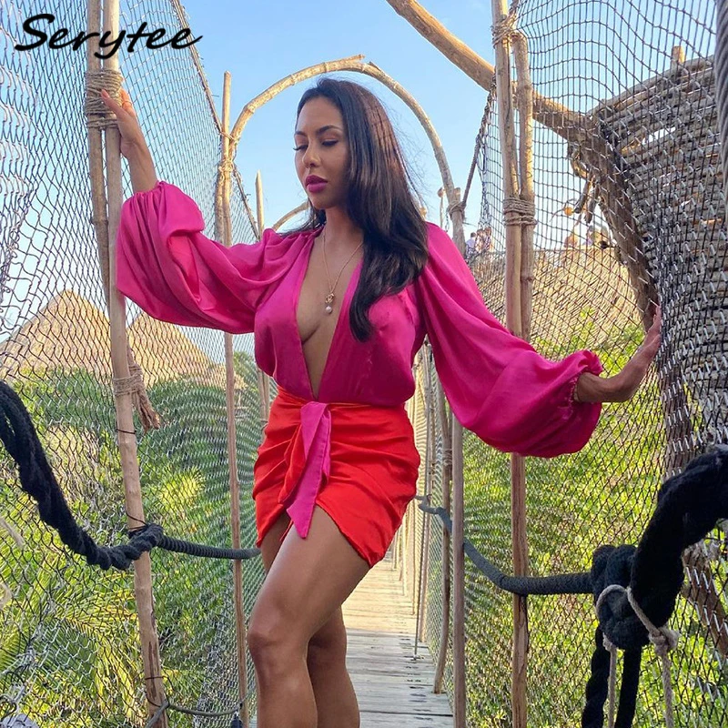 Serytee Sexy Deep V Neck Long Sleeve Satin Bodysuit With Ruched Skirt Two Piece Set Women 2021 Club Party Sexy Outwear Suit
Serytee Sexy Deep V Neck Long Sleeve Satin Bodysuit With Ruched Skirt Two Piece Set Women 2021 Club Party Sexy Outwear Suit