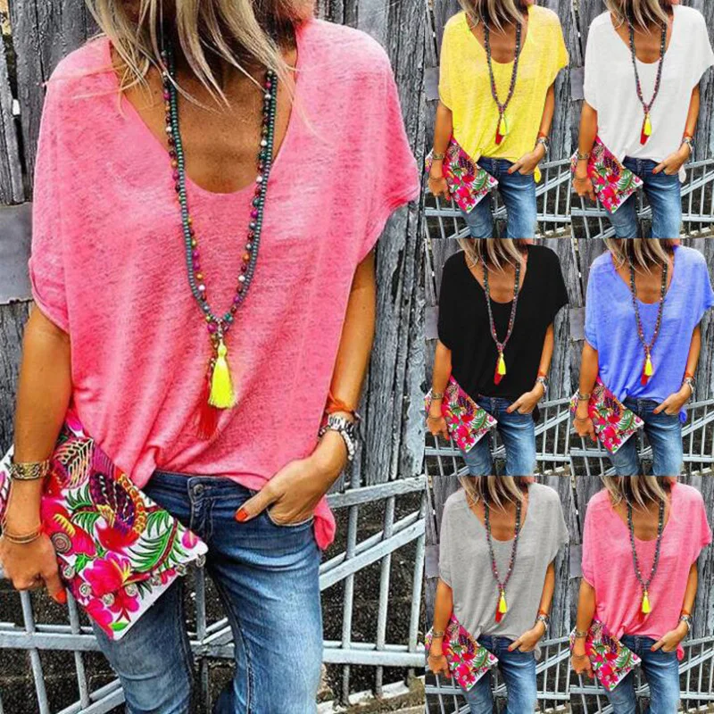 2021 Summer New Fashion V Neck Women's T Shirt Tops Casual Loose Solid Short Sleeve Ladies Candy Colors Basic T Shirt Female Tee
2021 Summer New Fashion V Neck Women's T Shirt Tops Casual Loose Solid Short Sleeve Ladies Candy Colors Basic T Shirt Female Tee