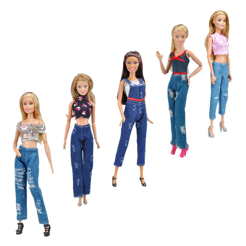

Cosplay 11.5" Doll Outfits Set For Barbie Clothes Jeans Jumpsuit Trousers Ripped Denim Pants Crop Top 1/6 BJD Accessory Kids Toy