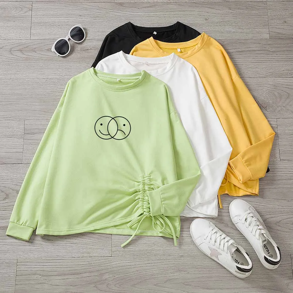 Drawstring Top Long Sleeve Duality Sad and Smiling Face Autumn Top Green Sweatshirt Women Round Neck Pullover Sweatshirt
Drawstring Top Long Sleeve Duality Sad and Smiling Face Autumn Top Green Sweatshirt Women Round Neck Pullover Sweatshirt