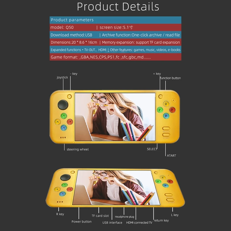 Q50 Handheld Game Console 5.1-Inch Portable Video Game Console 8GB Memory Built-in 10000 Games
Q50 Handheld Game Console 5.1-Inch Portable Video Game Console 8GB Memory Built-in 10000 Games