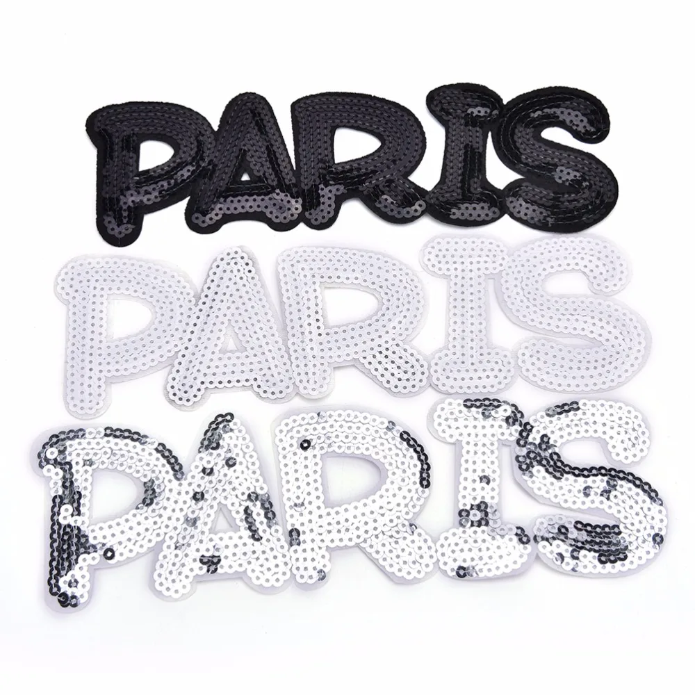 24*7.6cm Sequin Black White Silver Colors PARIS Iron-On Patch DIY Accessory Applique Clothes Patch 
24*7.6cm Sequin Black White Silver Colors PARIS Iron-On Patch DIY Accessory Applique Clothes Patch