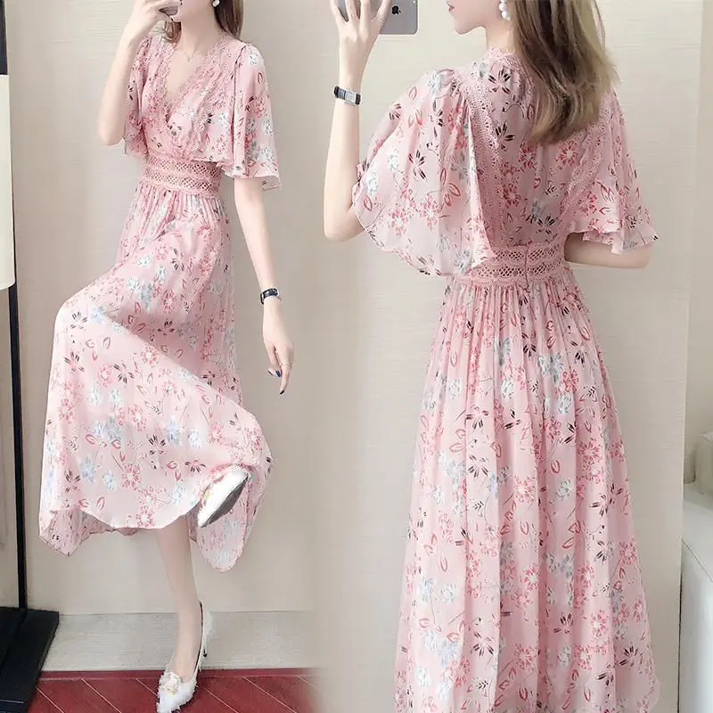 Chiffon Holiday Travel Casual Dress Print Floral Loose Summer V-neck Vintage Sundress Women Chic Beach Style Long Dresses Y794
Chiffon Holiday Travel Casual Dress Print Floral Loose Summer V-neck Vintage Sundress Women Chic Beach Style Long Dresses Y794