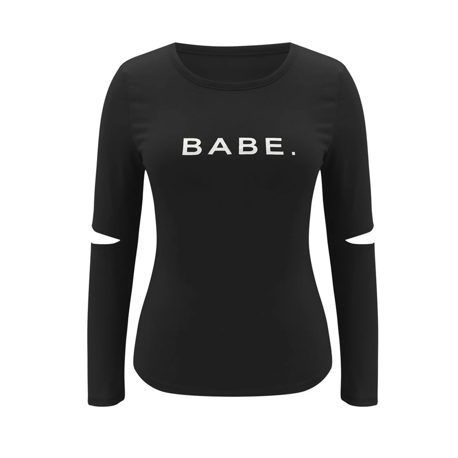 Women Letter Print T-shirt, Autumn Casual Long Sleeve Round Neck Cutout Pullover 
Women Letter Print T-shirt, Autumn Casual Long Sleeve Round Neck Cutout Pullover