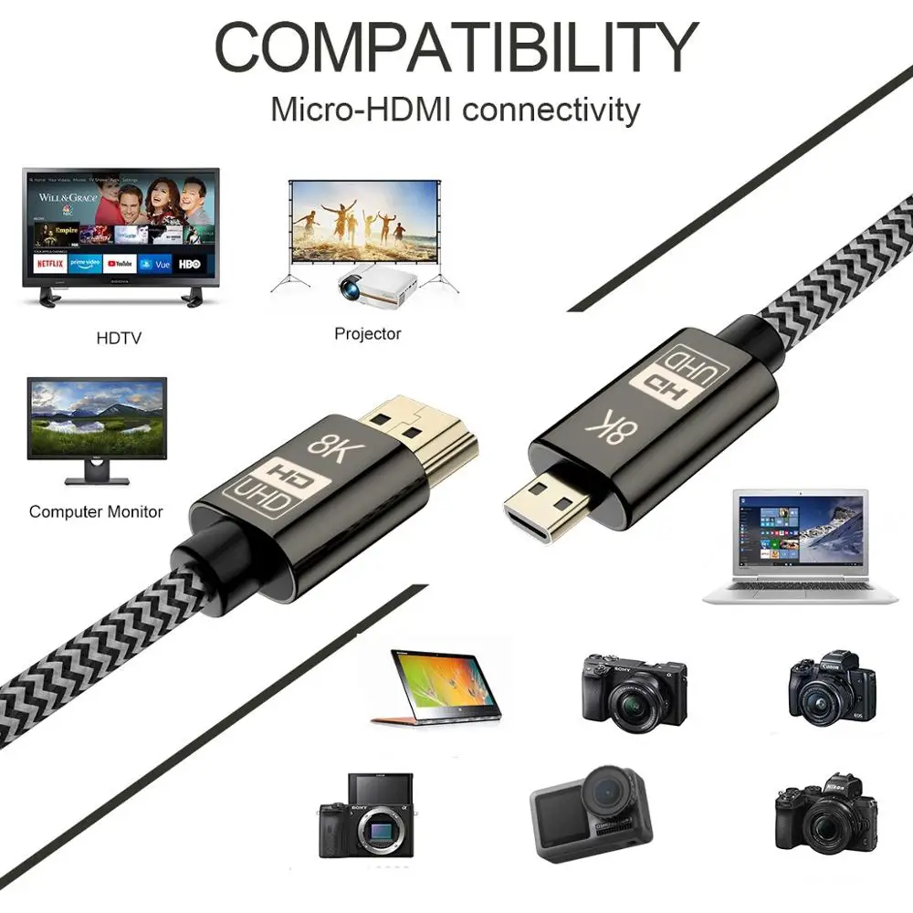 Micro HDMI to Cable High Speed 8K 60Hz Male HDR 2.1 Adapter Compatible with GoPro Hero 7/6/5 2018 | Электроника