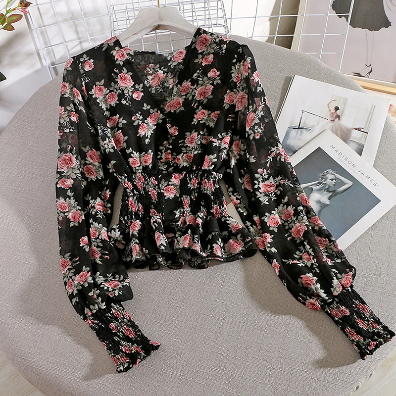 Spring Autumn Women's Top Korean Style Printed V-neck Long Sleeve Chiffon Top Retro Waist Slim Ruffle Female Tops GX151
Spring Autumn Women's Top Korean Style Printed V-neck Long Sleeve Chiffon Top Retro Waist Slim Ruffle Female Tops GX151