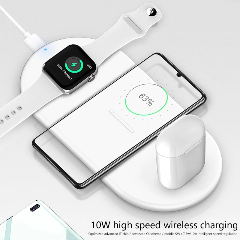 Беспроводное зарядное устройство Qi 3 в 1 10 Вт быстрая зарядка для iPhone 8 XR 11 12 SE2 Apple