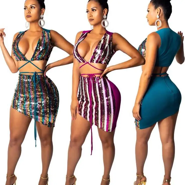 Sexy Rainbow Sequin Striped Two Piece Dresses Women Deep V-neck Sleeveless Lace Up Top and Mini Clubwear Birthday Outfits 
Sexy Rainbow Sequin Striped Two Piece Dresses Women Deep V-neck Sleeveless Lace Up Top and Mini Clubwear Birthday Outfits